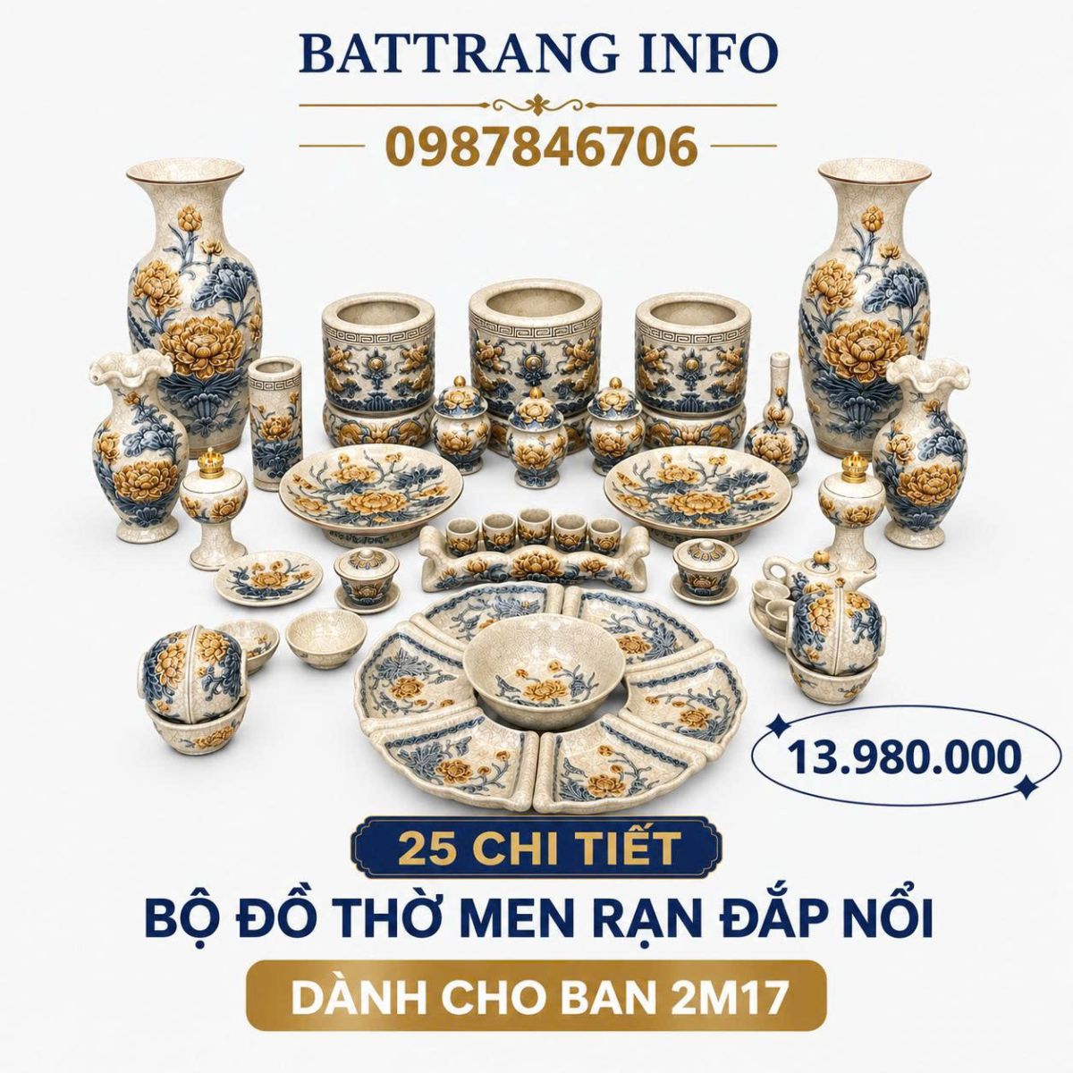 Bộ Đồ Thờ Men Rạn Đắp Nổi Cao Cấp Bát Tràng – Tinh Hoa Gốm Thờ Truyền Thống