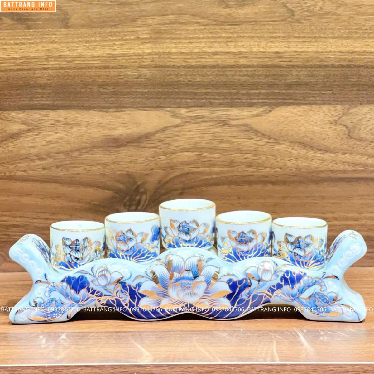 Kỷ Ngai 5 Chén Gấm Hoa Sen Vẽ Vàng Cao Cấp Bát Tràng 2
