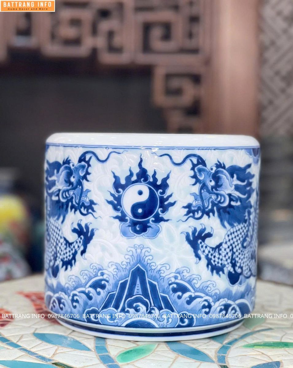 Bát hương gấm xanh men lam rồng cao cấp Bát Tràng 2