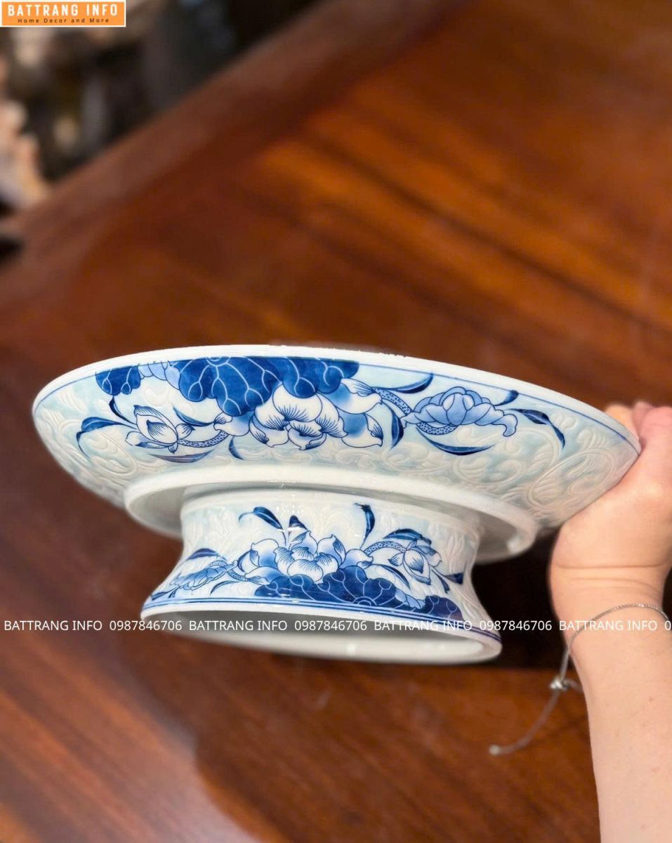 Mâm Bồng Gấm Xanh Men Lam Hoa Sen Cao Cấp Bát Tràng 2
