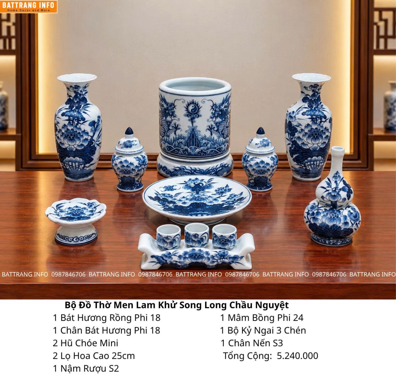 Mua Bộ đồ thờ men lam khử song long chầu nguyệt cao cấp Bát Tràng ở đâu ?