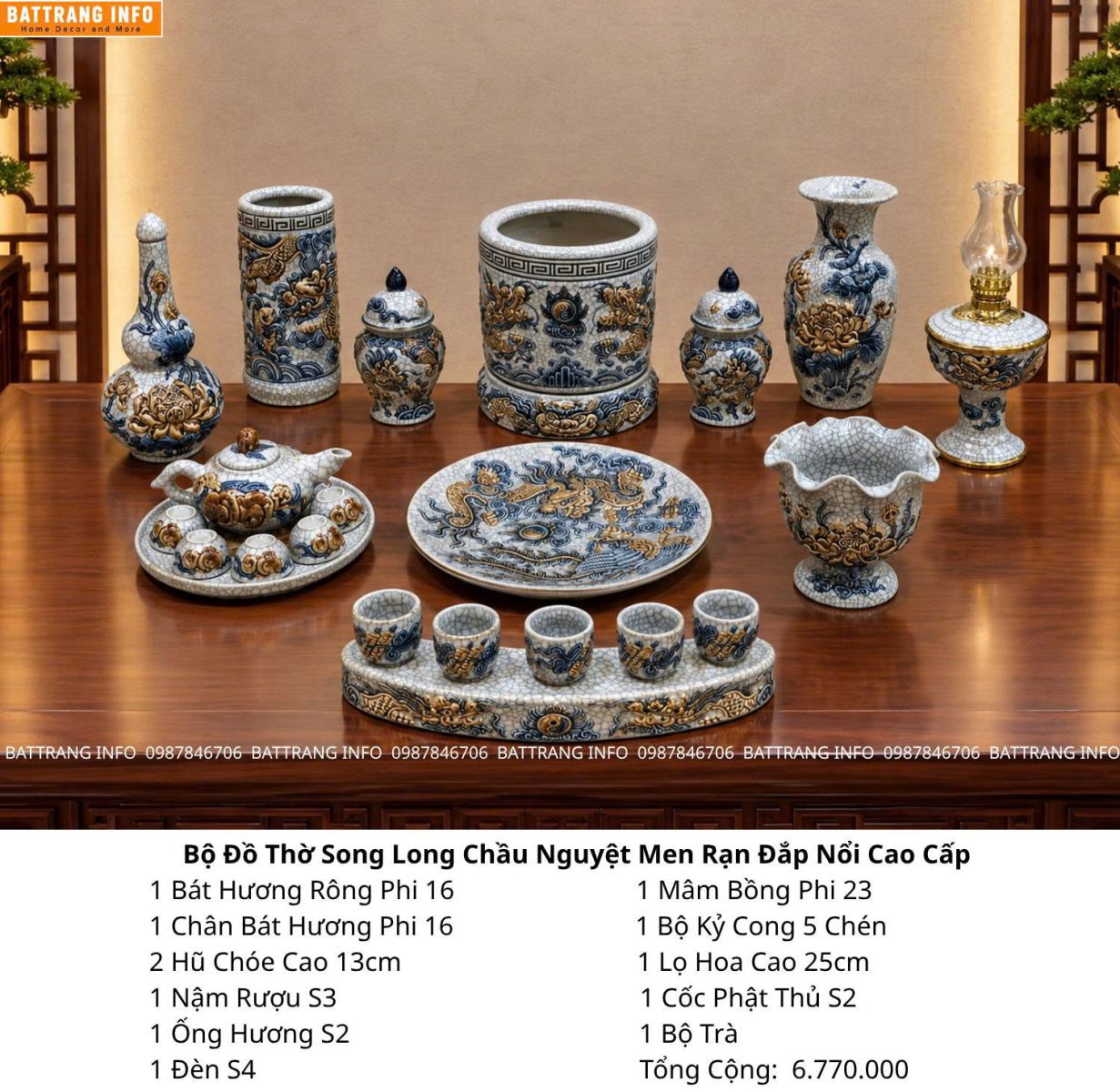 Cửa hàng bán bộ đồ thờ men rạn đắp nổi họa tiết rồng cao cấp Bát Tràng giá rẻ ở đâu?