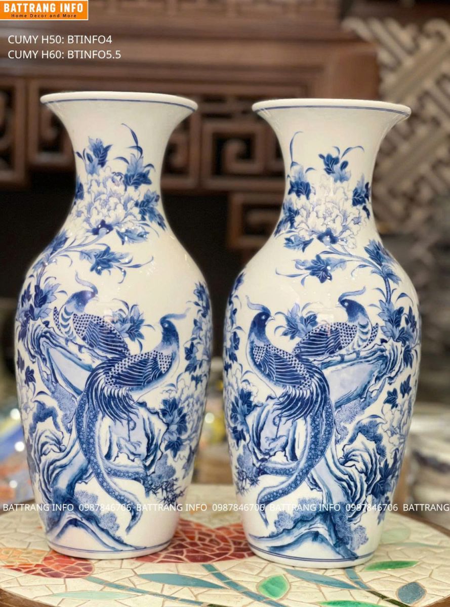 Lọ Hoa Thờ Chim Trĩ Hoa Mẫu Đơn Men Lam Cao Cấp Bát Tràng H50 2