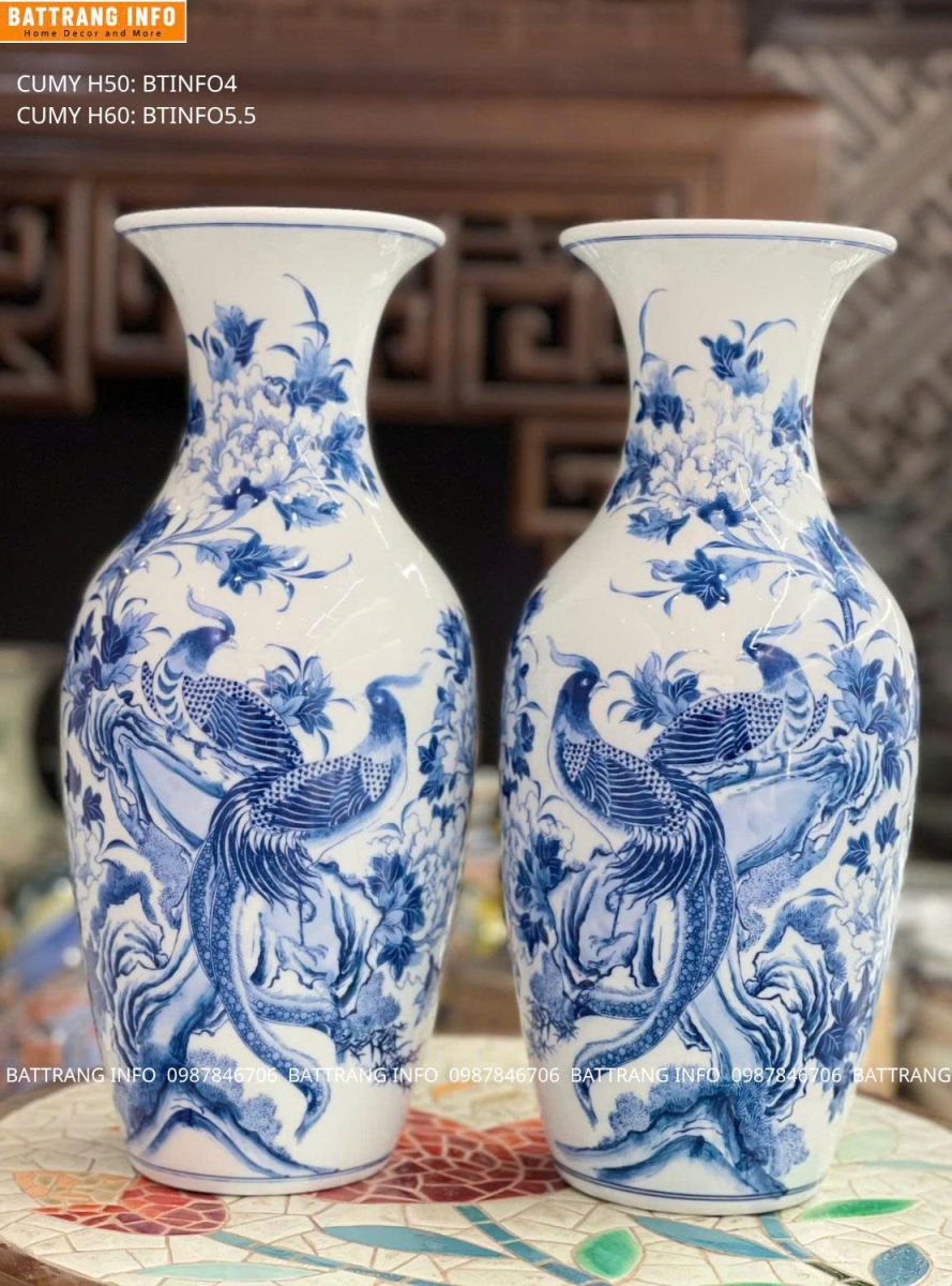 Lọ Hoa Thờ Chim Trĩ Hoa Mẫu Đơn Men Lam Cao Cấp Bát Tràng H60