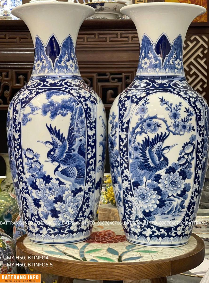 Lọ Hoa Thờ Tứ Cảnh Men Lam Cao Cấp Bát Tràng