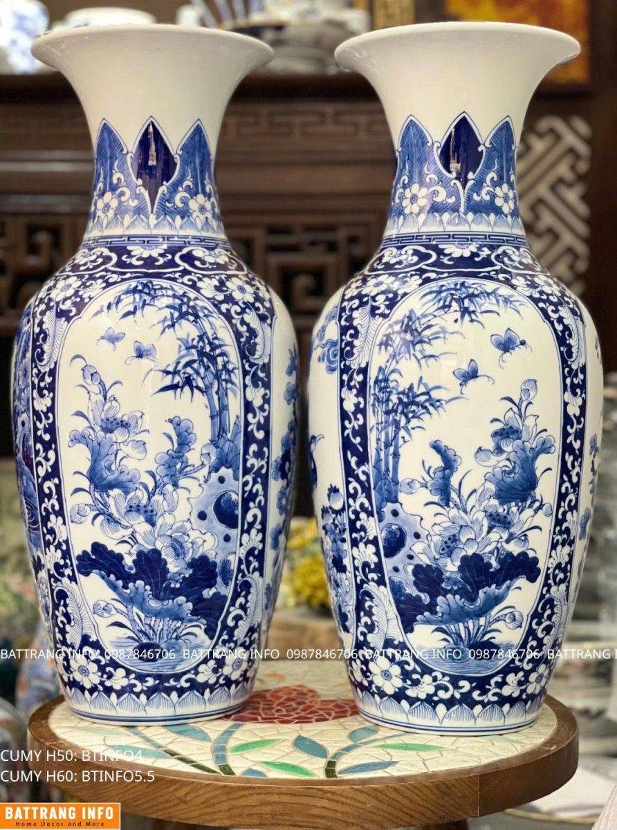 Lọ Hoa Thờ Tứ Cảnh Men Lam Cao Cấp Bát Tràng H50