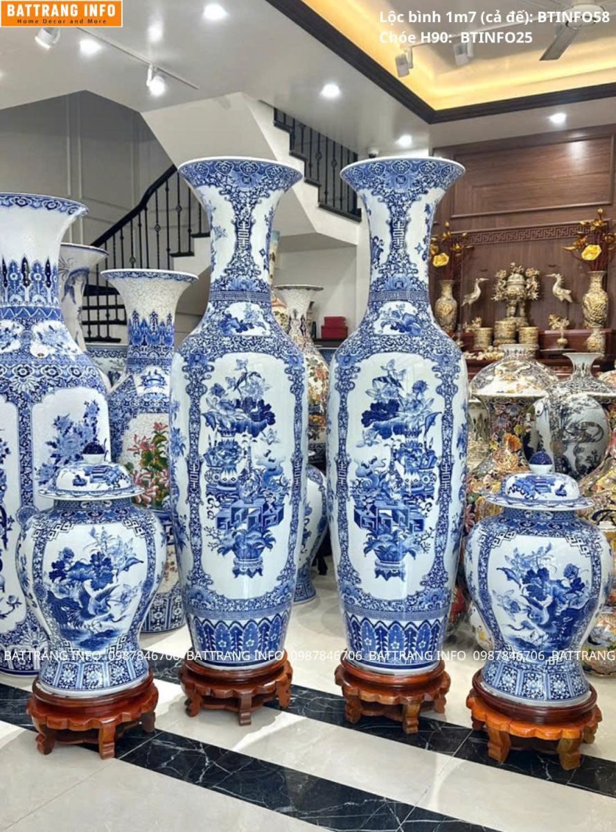 Combo Lộc Bình & Chóe Tứ Cảnh Men Lam Khử Vẽ Tay Cao Cấp Bát Tràng