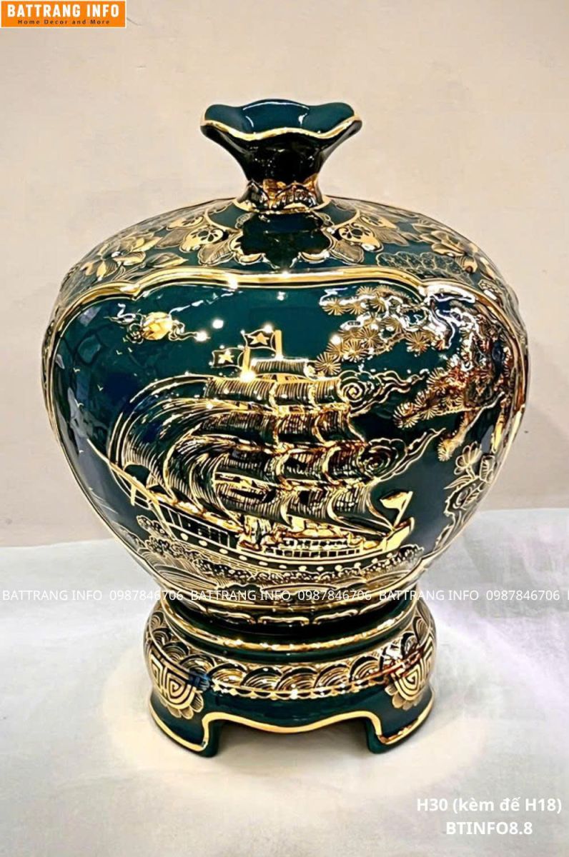 Bình Hút Lộc Miệng Lượn Thuận Buồm Xuôi Gió Men Màu Đắp Nổi Vẽ Vàng Cao 30cm Bát Tràng Cao Cấp