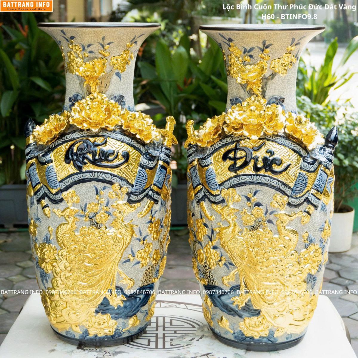 Mua Lộc Bình Cuốn Thư Men Rạn Phúc Đức Dát Vàng Cao 50cm, 60cm Cao Cấp Bát Tràng
