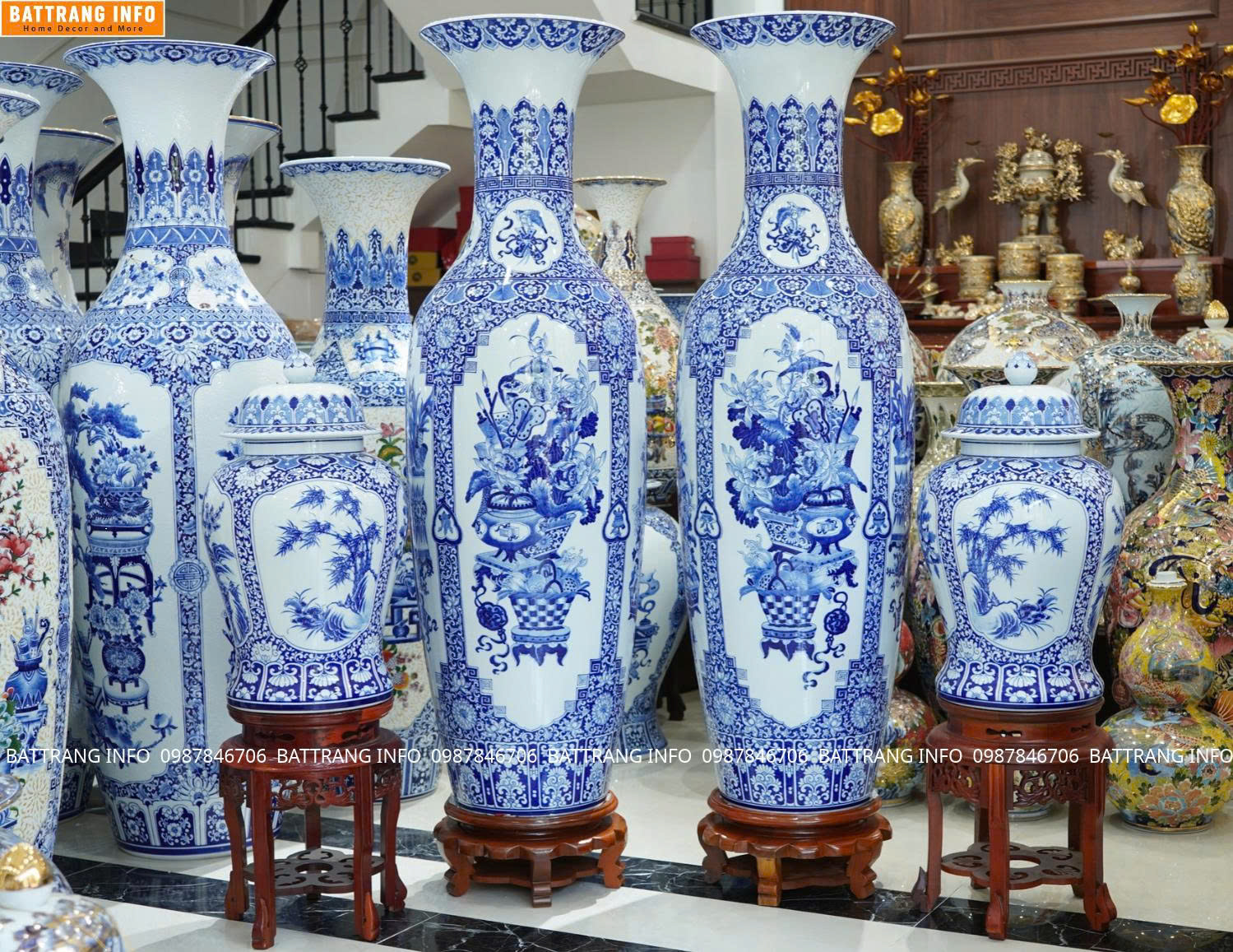 Combo Lộc Bình Tứ Quý Cổ Đồ & Chóe Tứ Cảnh Men Lam Vẽ Tay Cao Cấp Bát Tràng