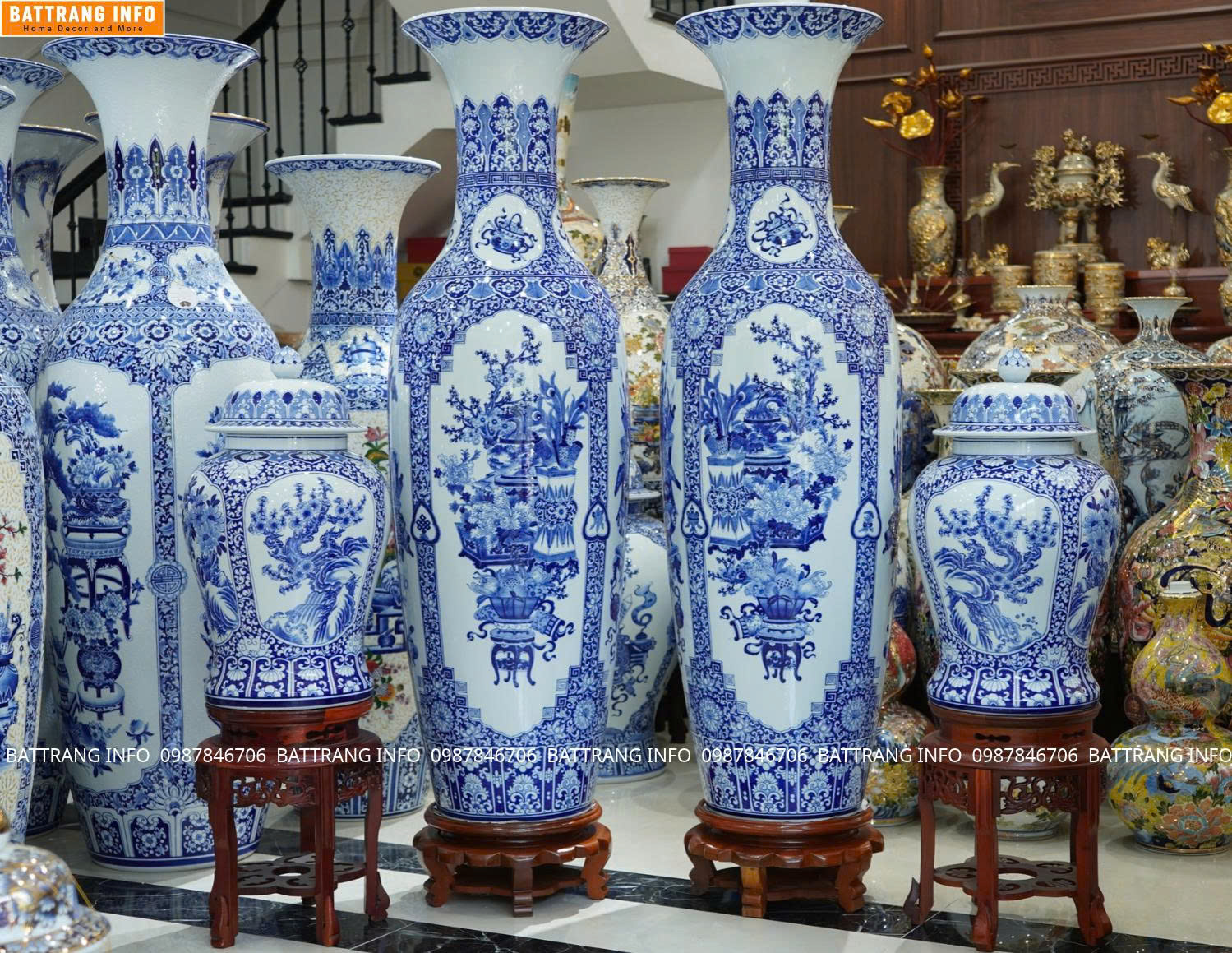 Mua Combo Lộc Bình Tứ Quý Cổ Đồ & Choé Tứ Cảnh Men Lam Khử Vẽ Tay Cao Cấp Bát Tràng Ở Đâu Hà Nội?