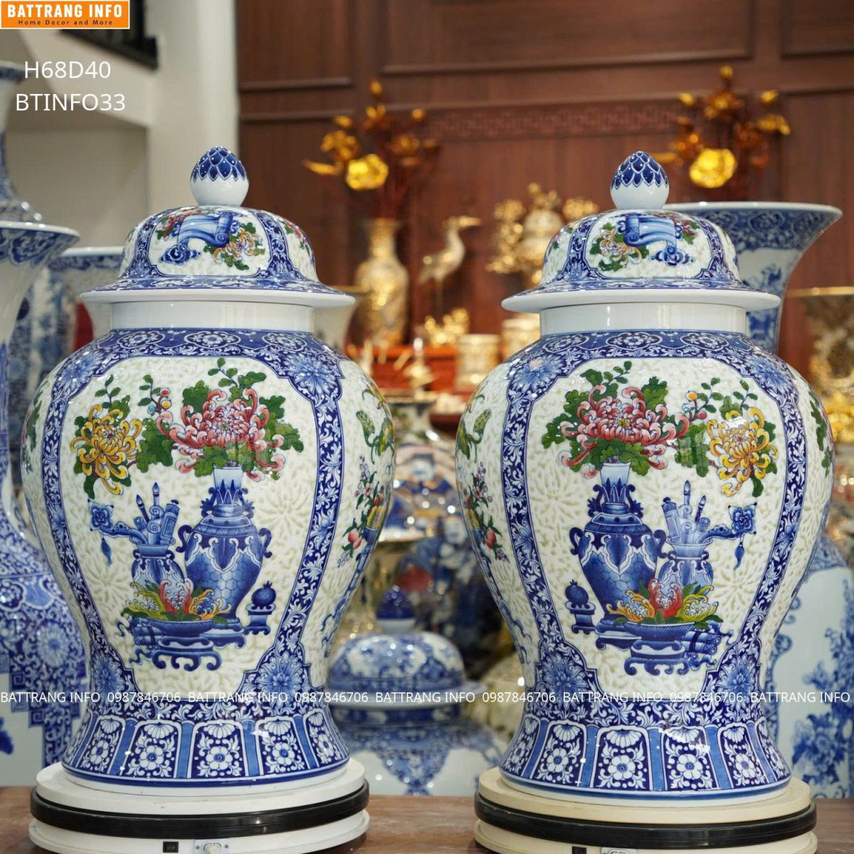 Cặp Chóe Tứ Quý Cổ Đồ Men Lam Nền Gấm Cao Cấp Bát Tràng Cao 68cm 2
