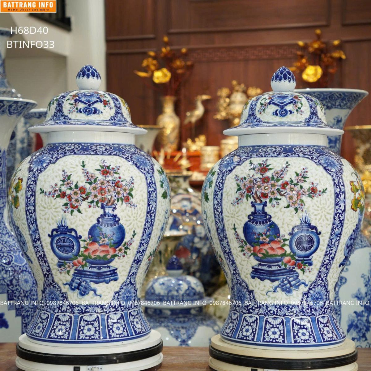Cặp Chóe Tứ Quý Cổ Đồ Men Lam Nền Gấm Cao Cấp Bát Tràng Cao 68cm