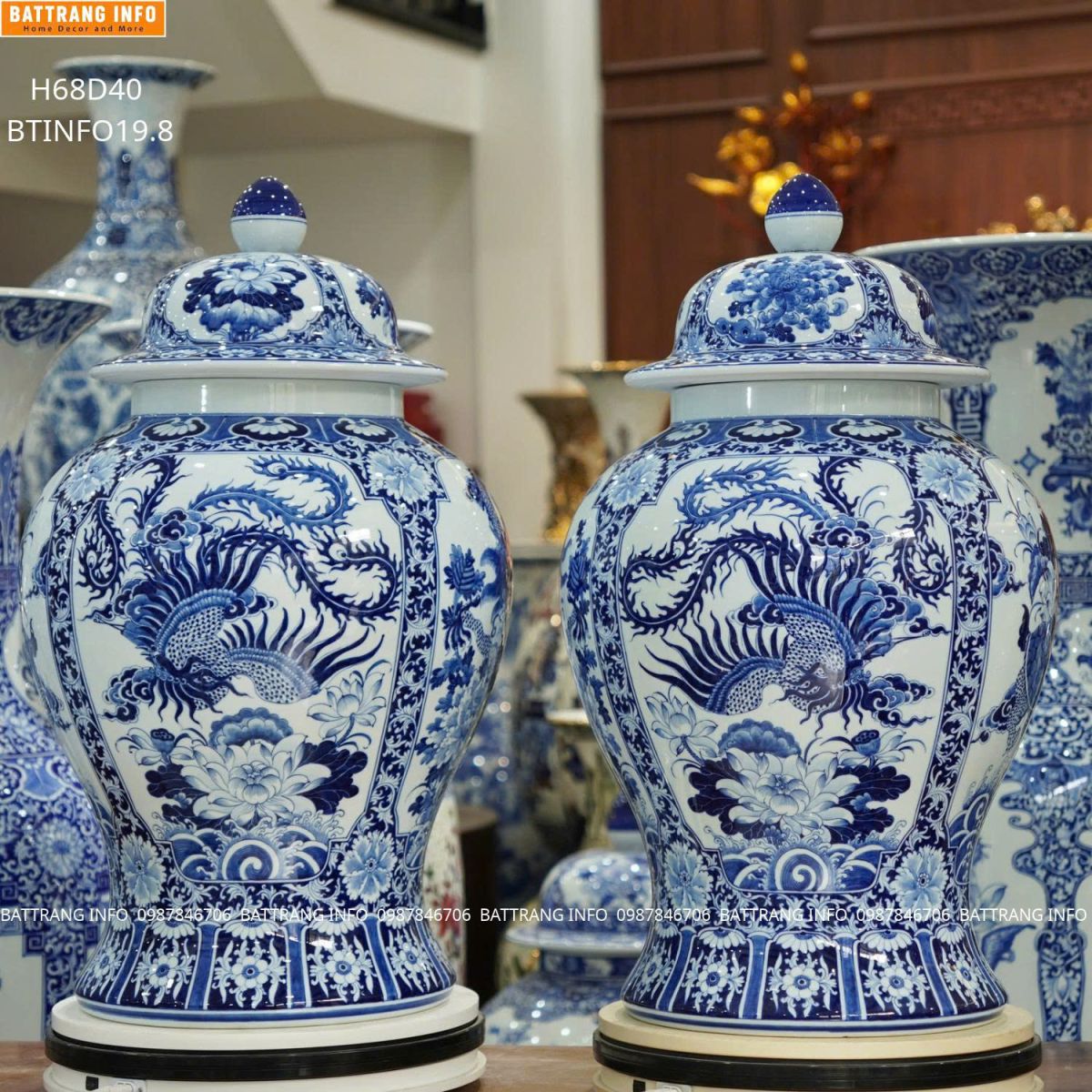 Cặp Chóe Tứ Linh Men Lam Vẽ Tay Cao Cấp Bát Tràng Cao 68cm 2