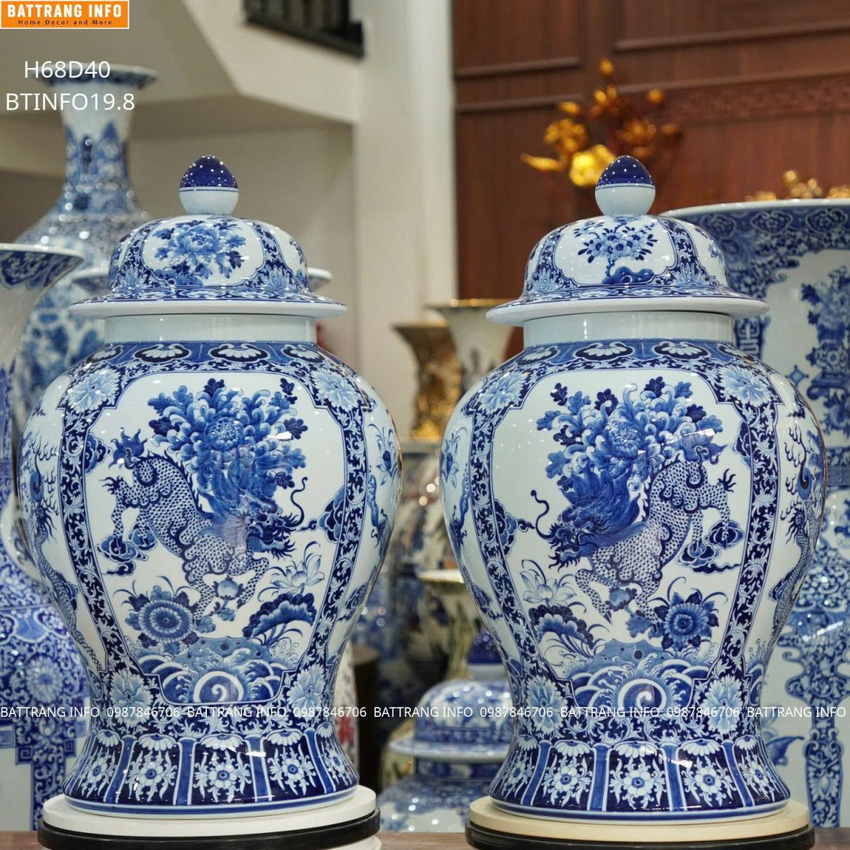 Cặp Chóe Tứ Linh Men Lam Vẽ Tay Cao Cấp Bát Tràng Cao 68cm