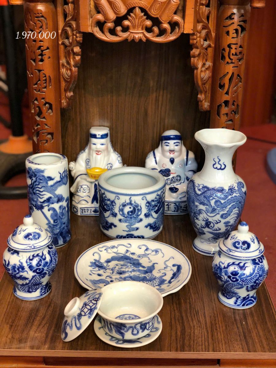 Bộ Đồ Thờ Thần Tài Men Lam Xanh Bát Tràng