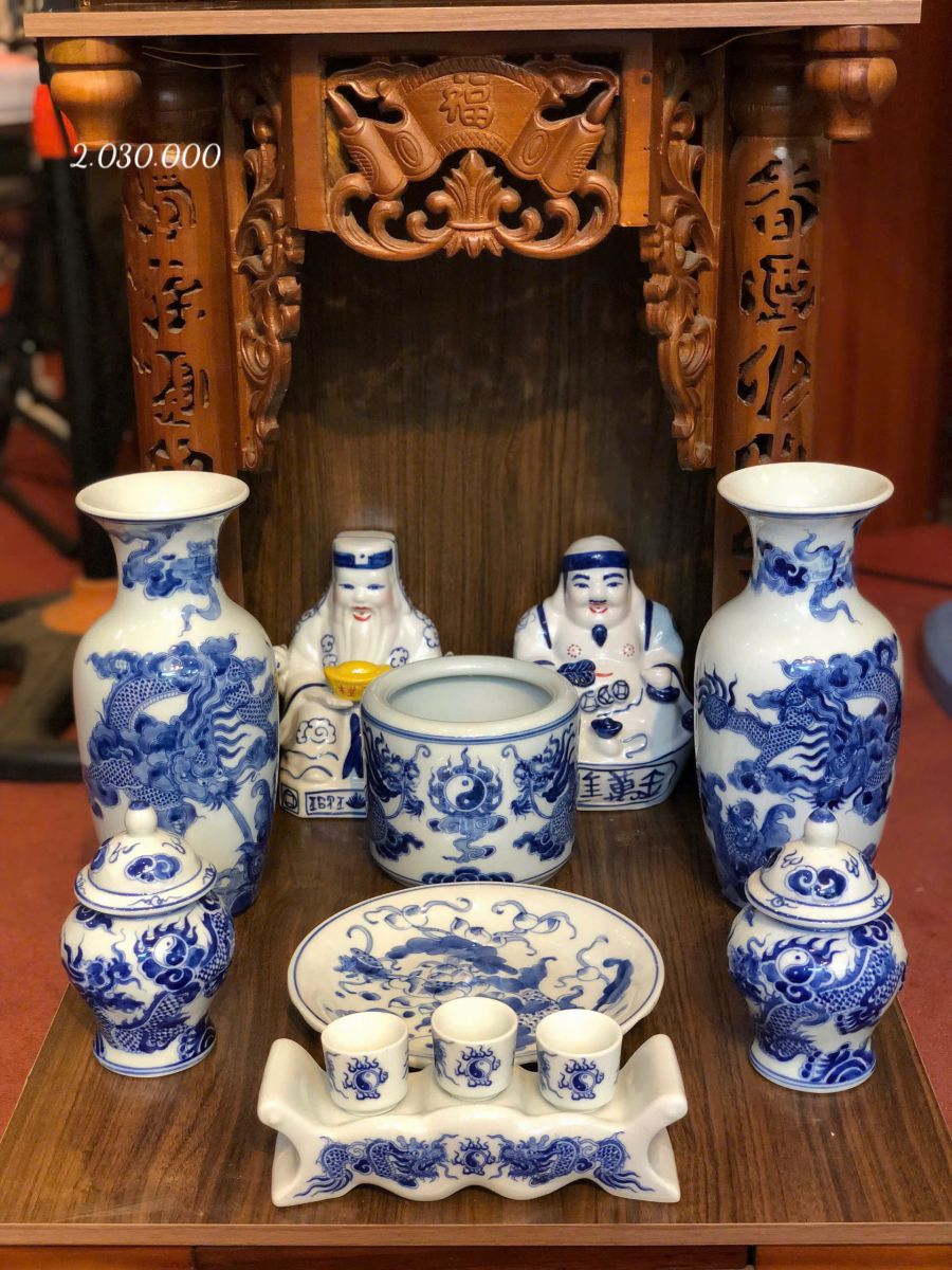 Bộ Đồ Thờ Thần Tài Men Lam Xanh Bát Tràng