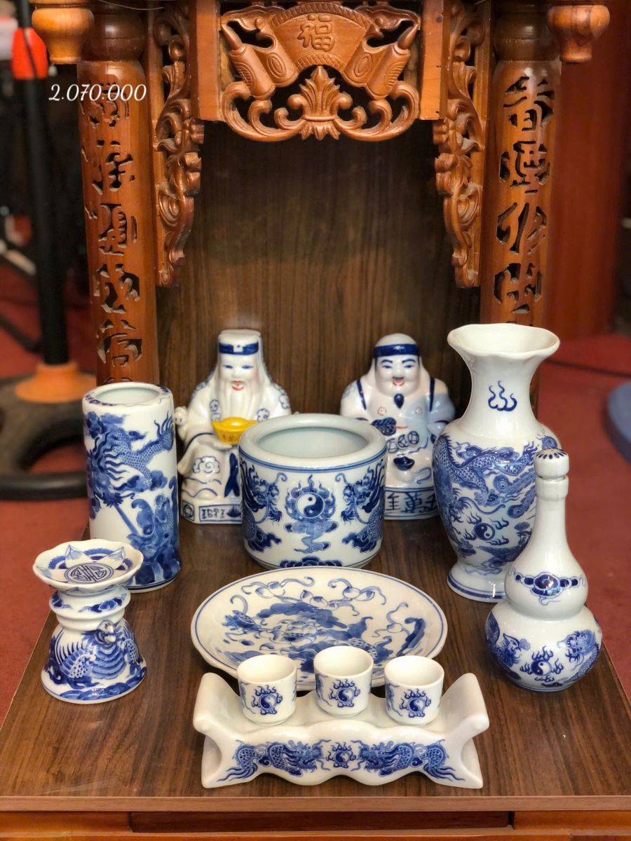 Bộ Đồ Thờ Thần Tài Men Lam Xanh Bát Tràng