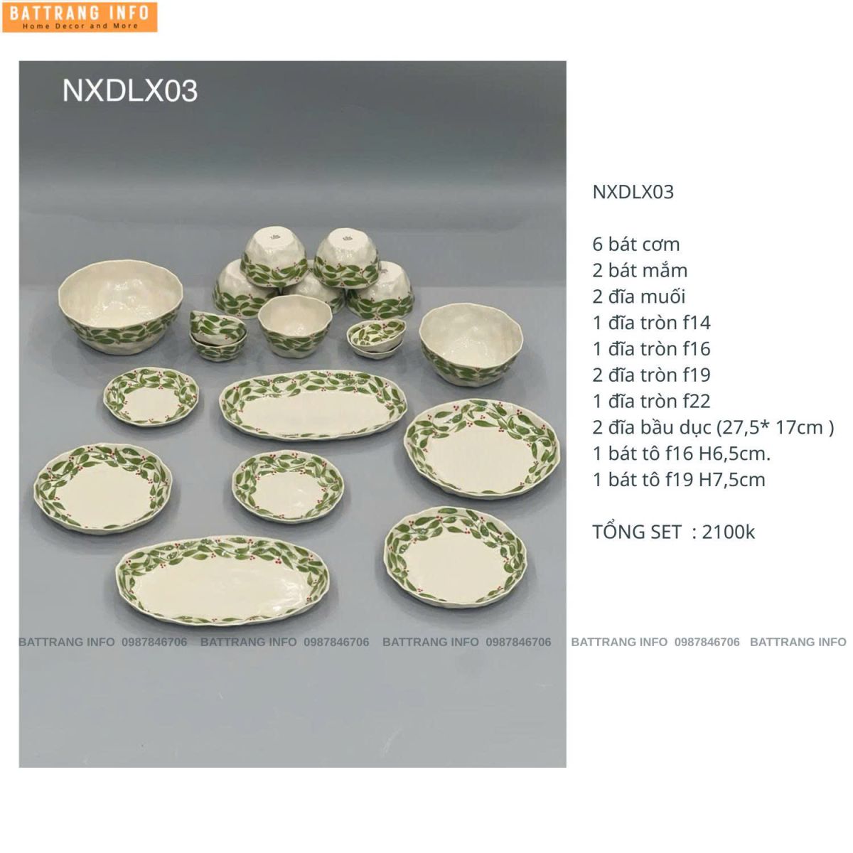 Bộ Bát Đĩa Dáng Nặn Vẽ Tay Xuất Dư Phong Cách Châu Âu Họa Tiết Lá Xanh Bát Tràng