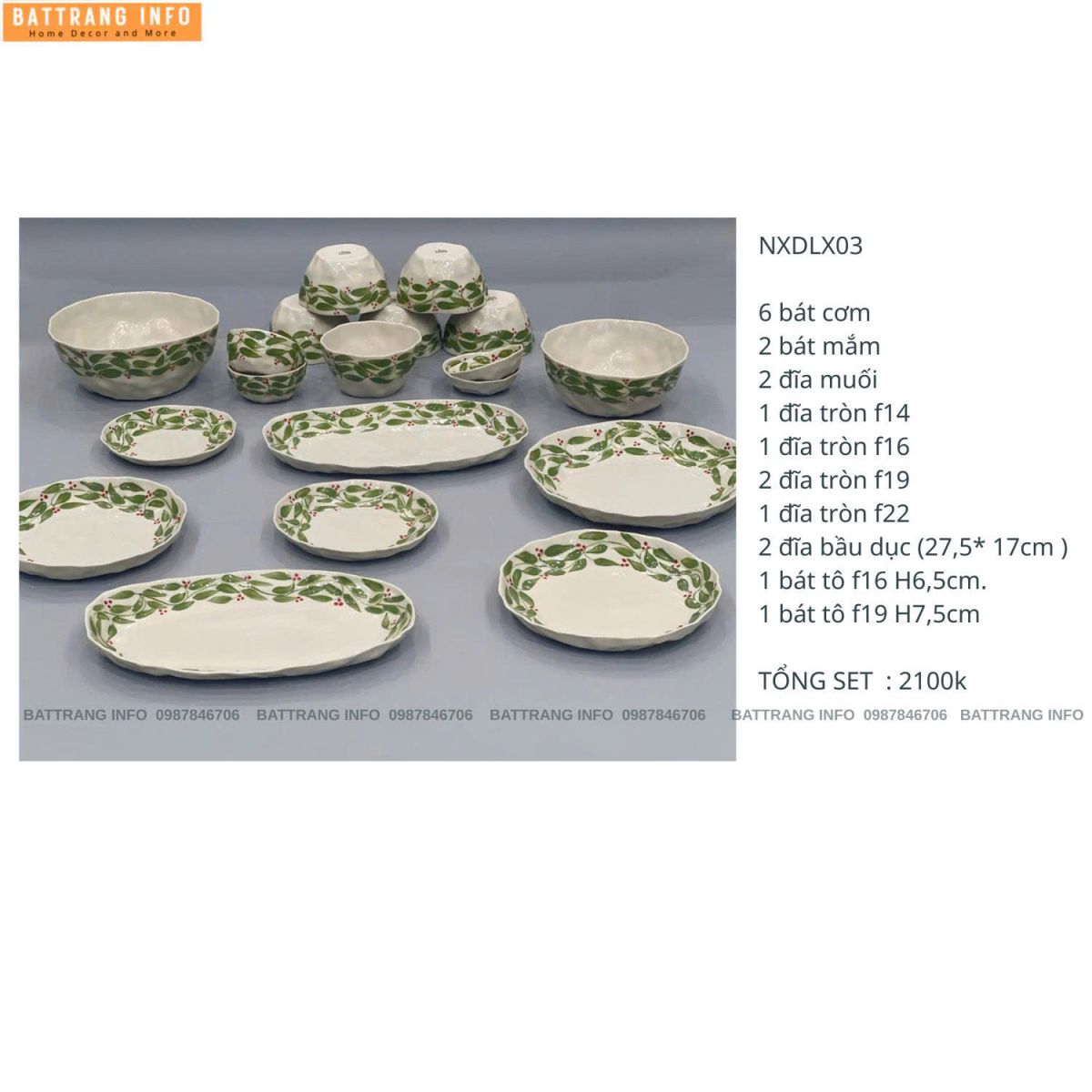 Bộ Bát Đĩa Dáng Nặn Vẽ Tay Xuất Dư Phong Cách Châu Âu Họa Tiết Lá Xanh Bát Tràng