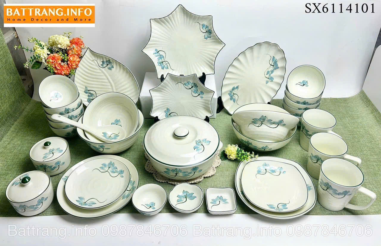 Bộ Bát Đĩa Sen Xanh Vẽ Tay Cao Cấp Bát Tràng – Vẻ Đẹp Truyền Thống Tinh Tế Cho Mâm Cơm Việt