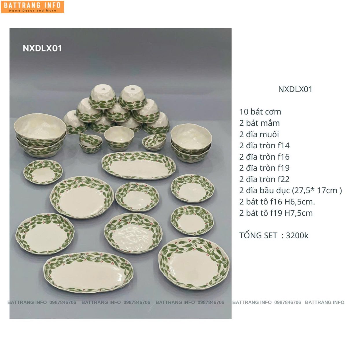 Bộ Bát Đĩa Dáng Nặn Vẽ Tay Xuất Dư Phong Cách Châu Âu Họa Tiết Lá Xanh Bát Tràng