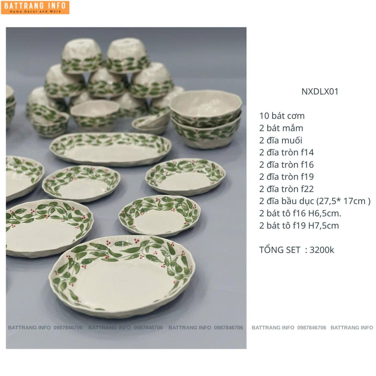 Bộ Bát Đĩa Dáng Nặn Vẽ Tay Xuất Dư Phong Cách Châu Âu Họa Tiết Lá Xanh Bát Tràng