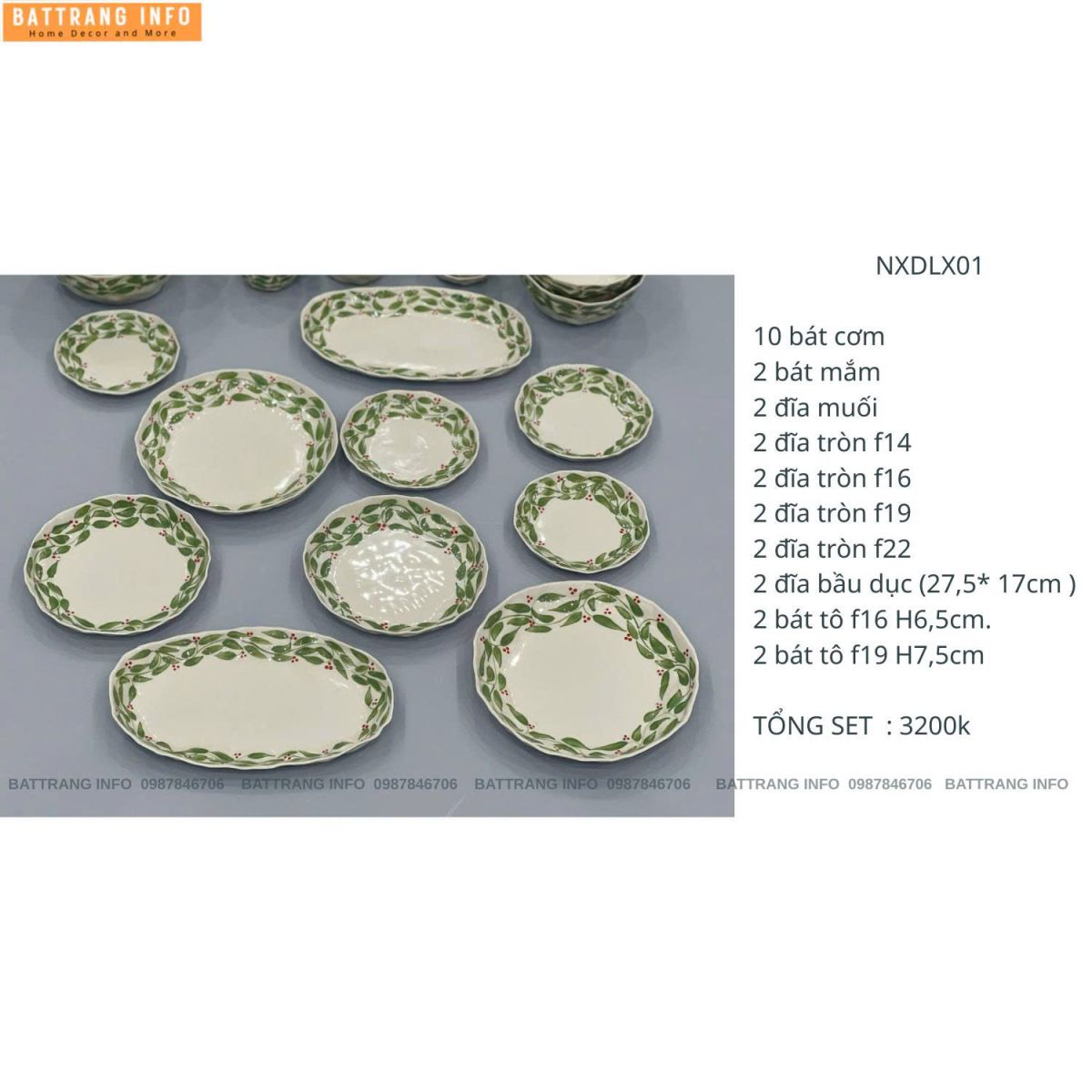 Bộ Bát Đĩa Dáng Nặn Vẽ Tay Xuất Dư Phong Cách Châu Âu Họa Tiết Lá Xanh Bát Tràng