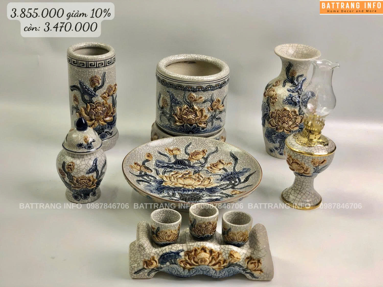 Bộ Đồ Thờ Men Rạn Đắp Nổi Cao Cấp Bát Tràng
