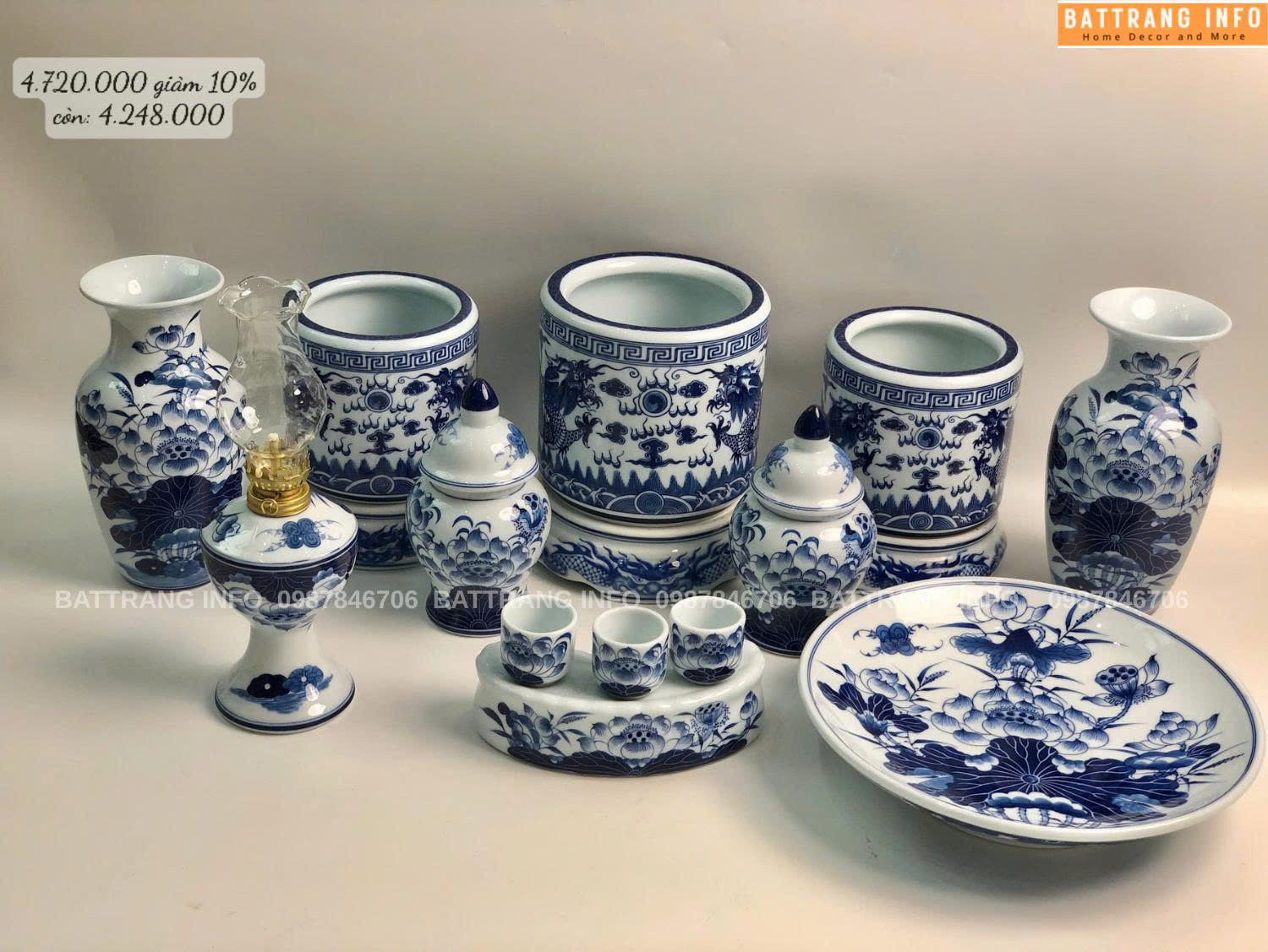 Bộ Đồ Thờ Men Lam Khử Vẽ Tay Cao Cấp Bát Tràng