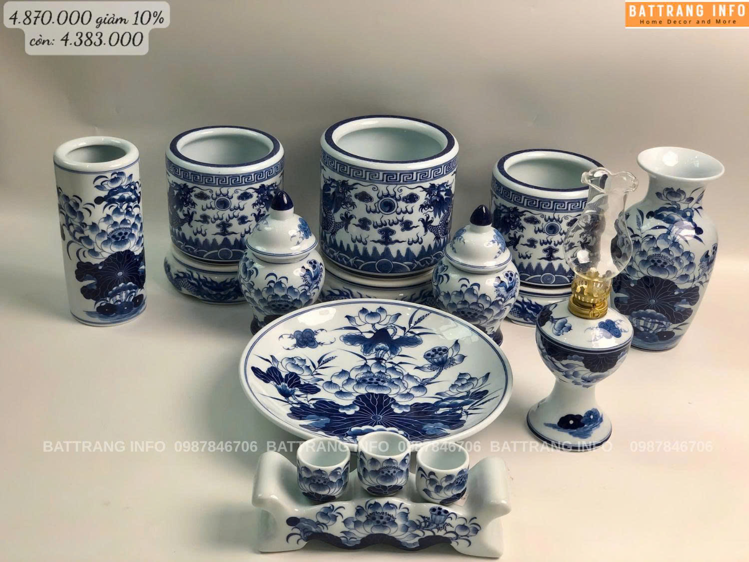 Bộ Đồ Thờ Men Lam Khử Vẽ Tay Cao Cấp Bát Tràng