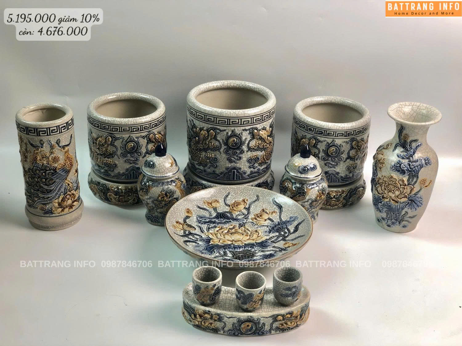 Bộ Đồ Thờ Men Rạn Đắp Nổi Cao Cấp Bát Tràng