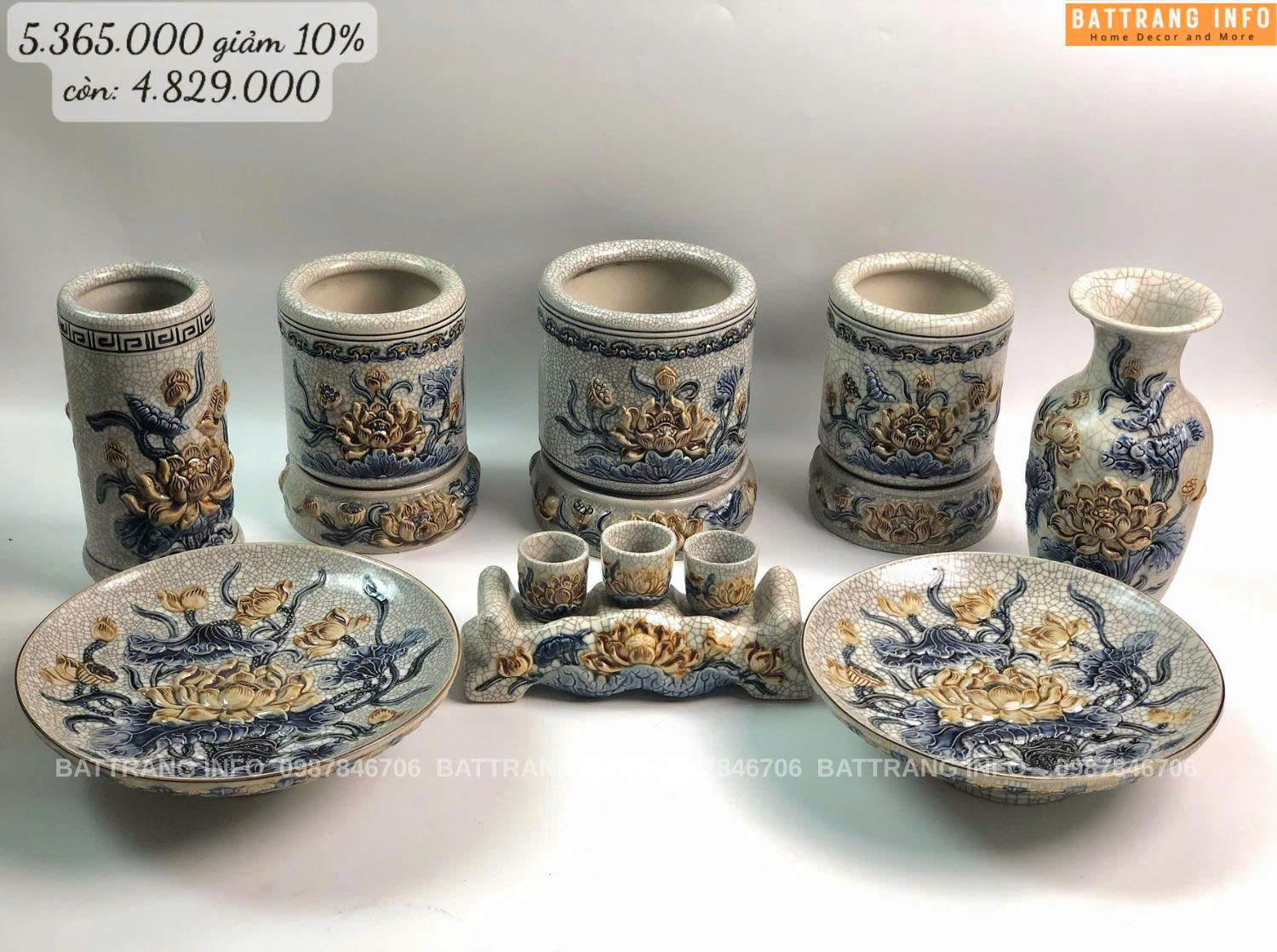 Bộ Đồ Thờ Men Rạn Đắp Nổi Cao Cấp Bát Tràng