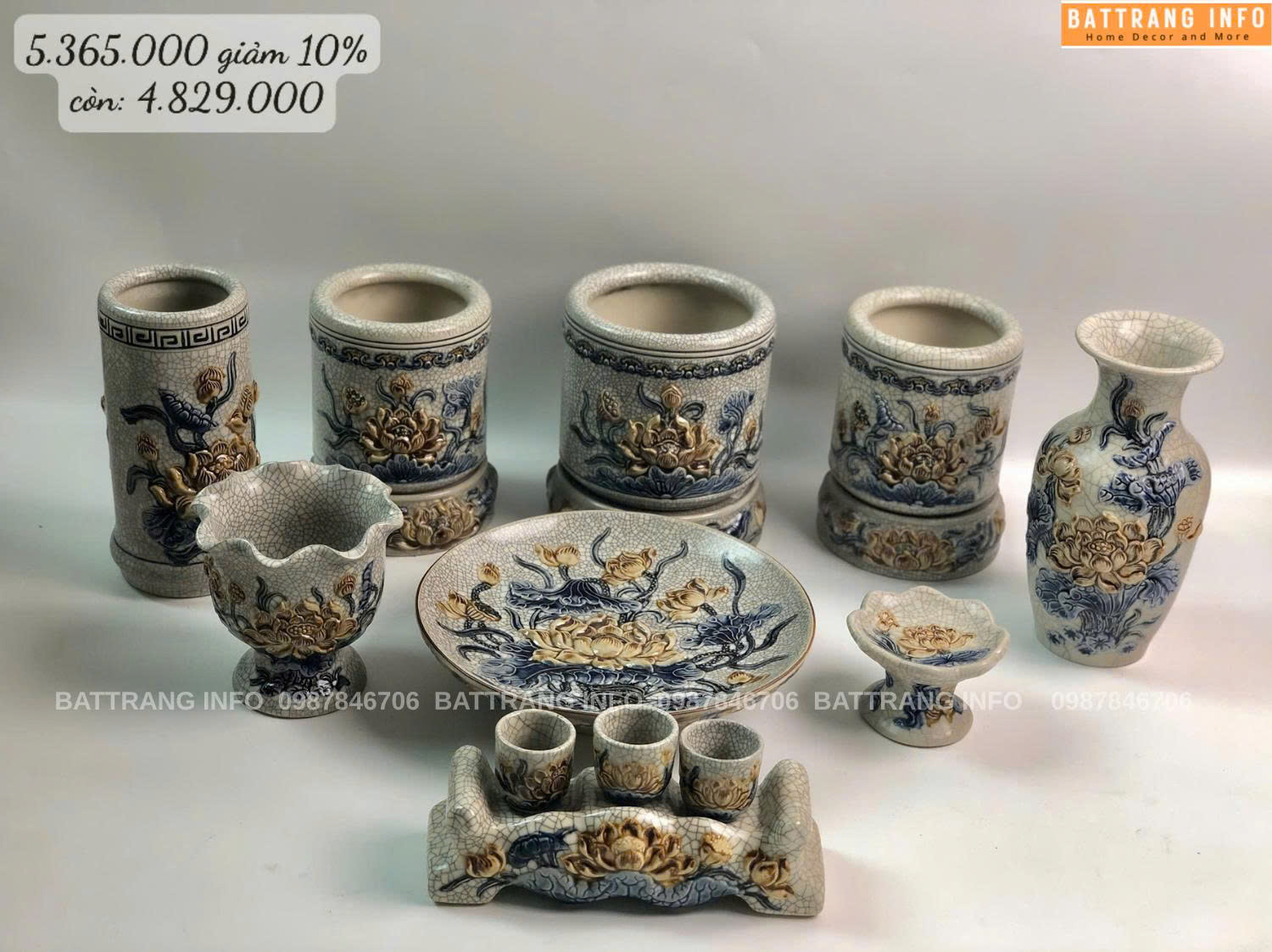 Bộ Đồ Thờ Men Rạn Đắp Nổi Cao Cấp Bát Tràng