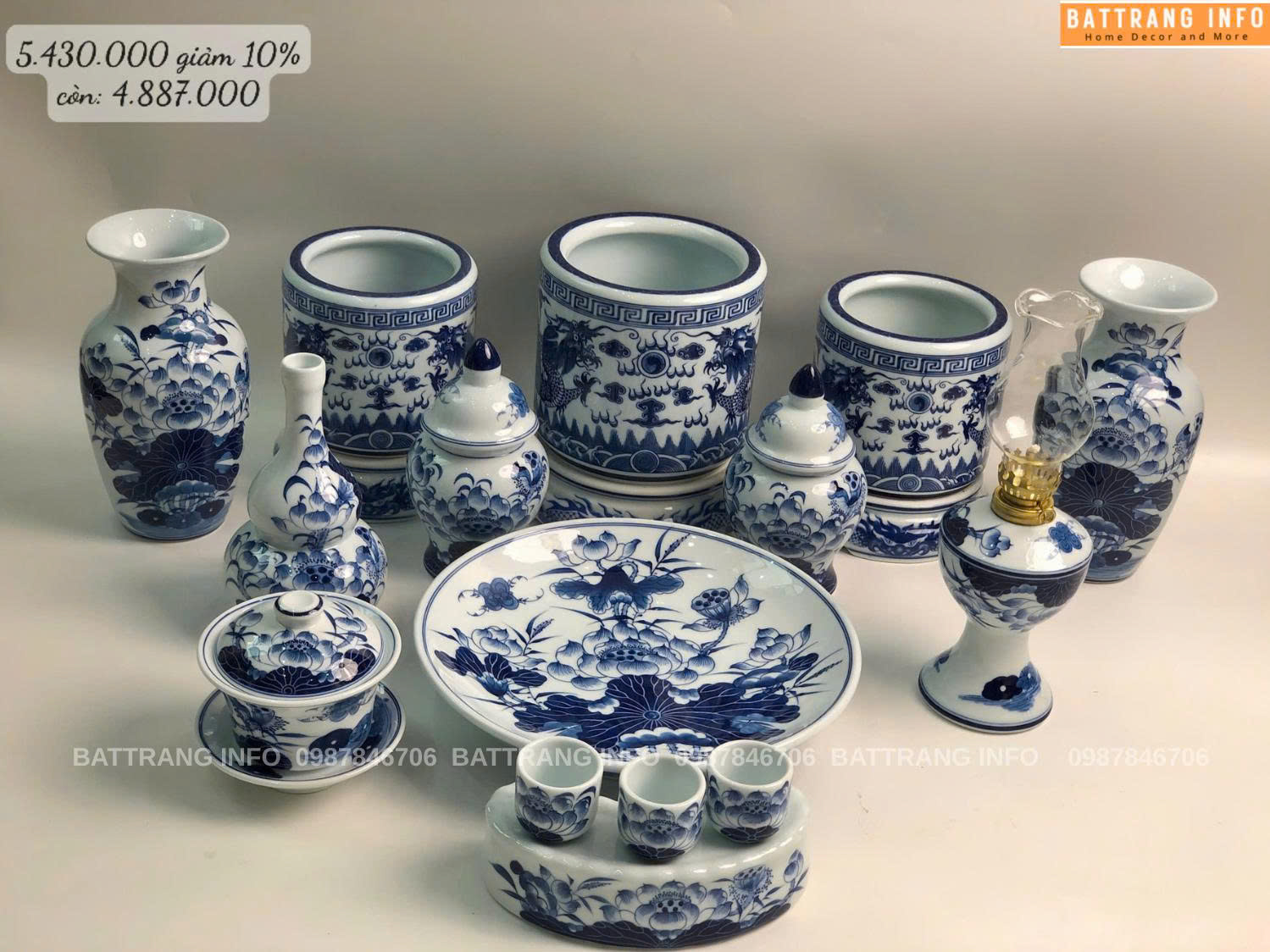 Bộ Đồ Thờ Men Lam Khử Vẽ Tay Cao Cấp Bát Tràng