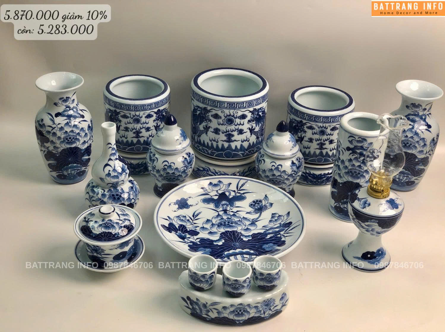 Bộ Đồ Thờ Men Lam Khử Vẽ Tay Cao Cấp Bát Tràng