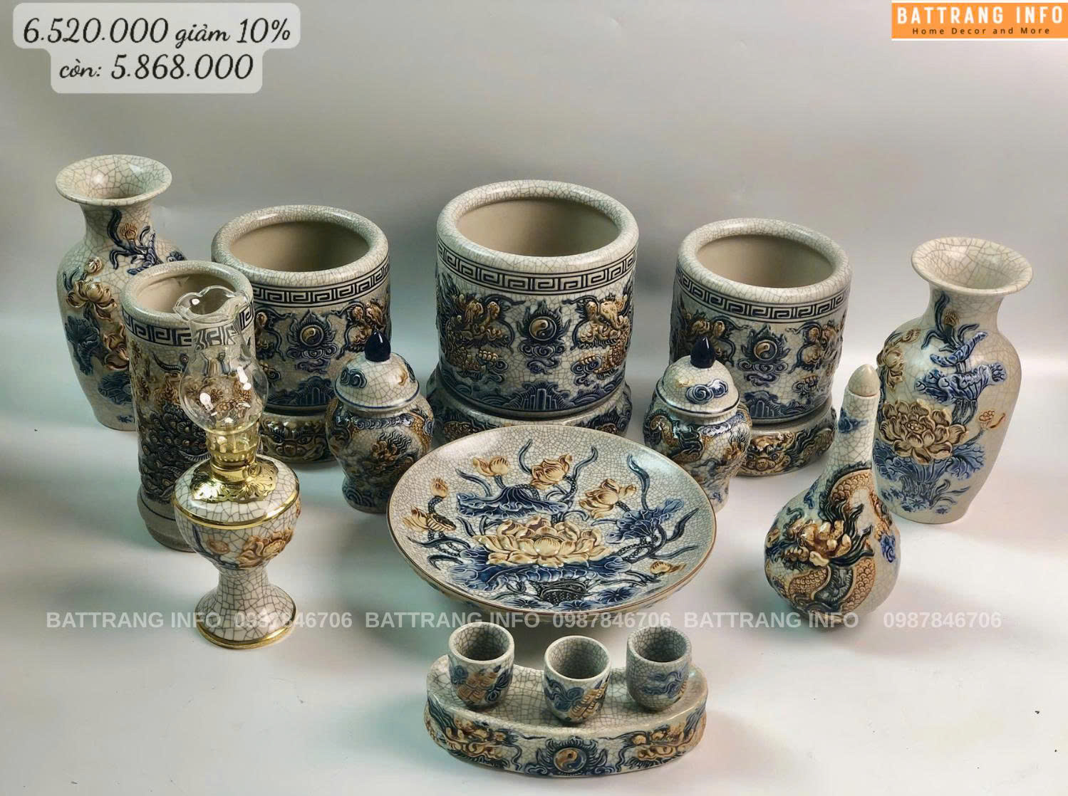 Bộ Đồ Thờ Men Rạn Đắp Nổi Cao Cấp Bát Tràng