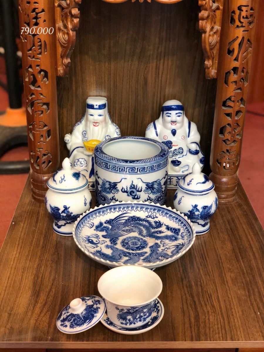 Bộ Đồ Thờ Thần Tài Men Lam Xanh Bát Tràng