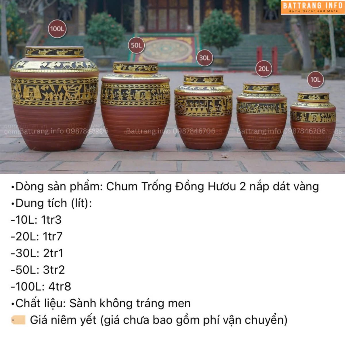 Địa chỉ bán Chum trống đồng 2 nắp dát vàng cao cấp Bát Tràng uy tín, chính hãng