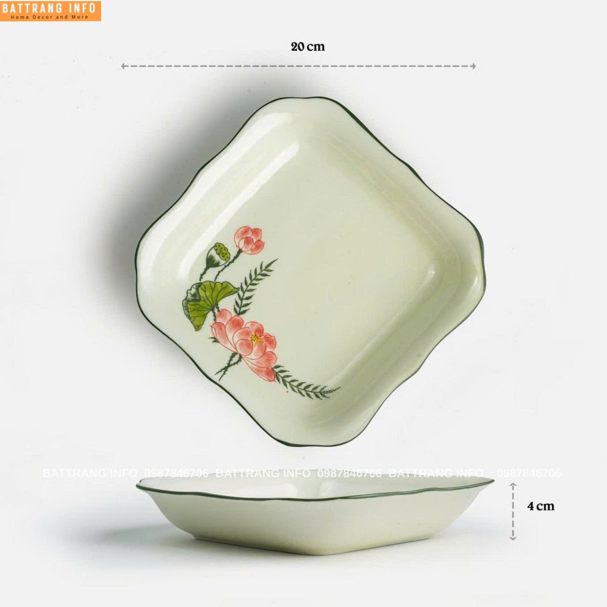 Đĩa Vuông Lượn Sen Hồng P20