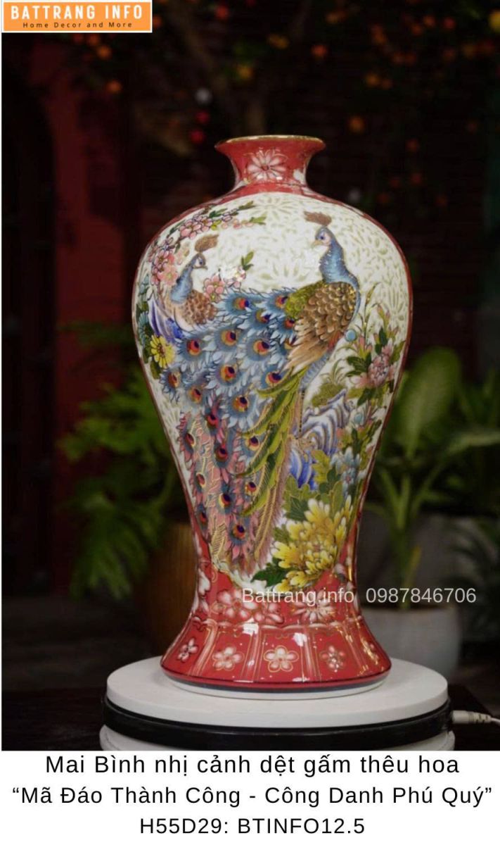 MAI BÌNH NHỊ CẢNH DỆT GẤM THÊU HOA" CÔNG DANH PHÚ QUÝ & MÃ ĐÁO THÀNH CÔNG" H55
