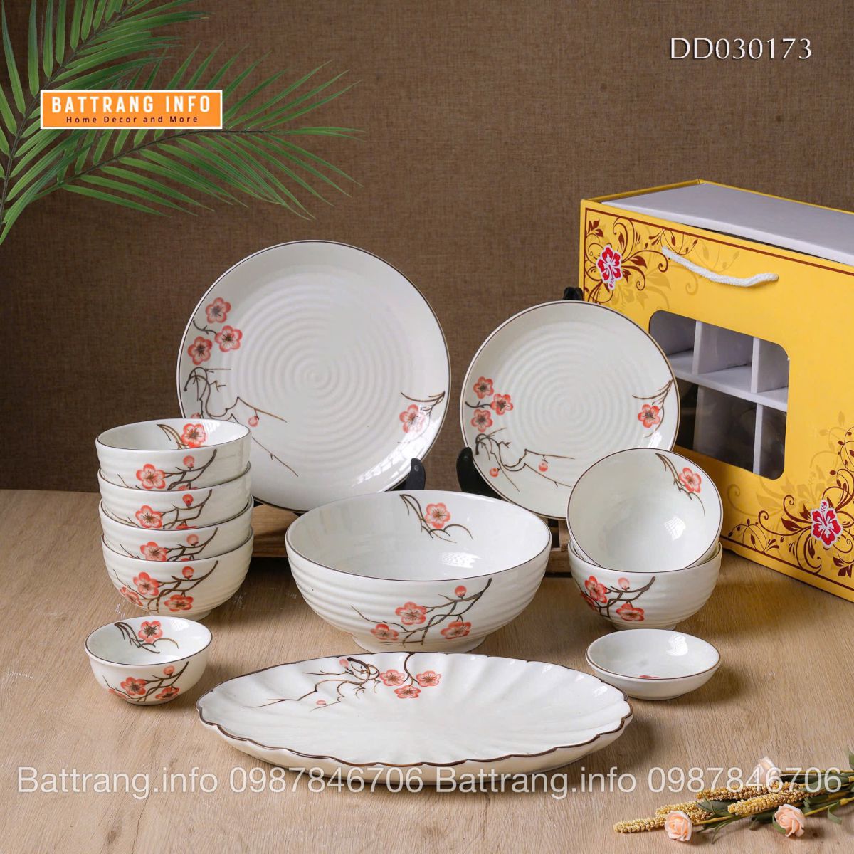 Bộ Bát Đĩa Quà Tặng Cao Cấp Bát Tràng – Hoa Đào Đỏ