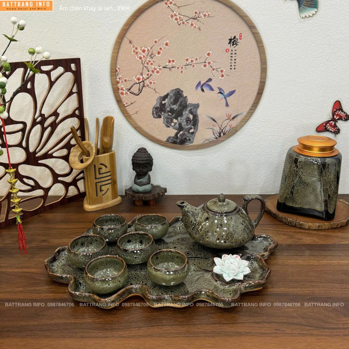 Bộ ấm chén men hoả biến khay lá sen cao cấp Bát Tràng