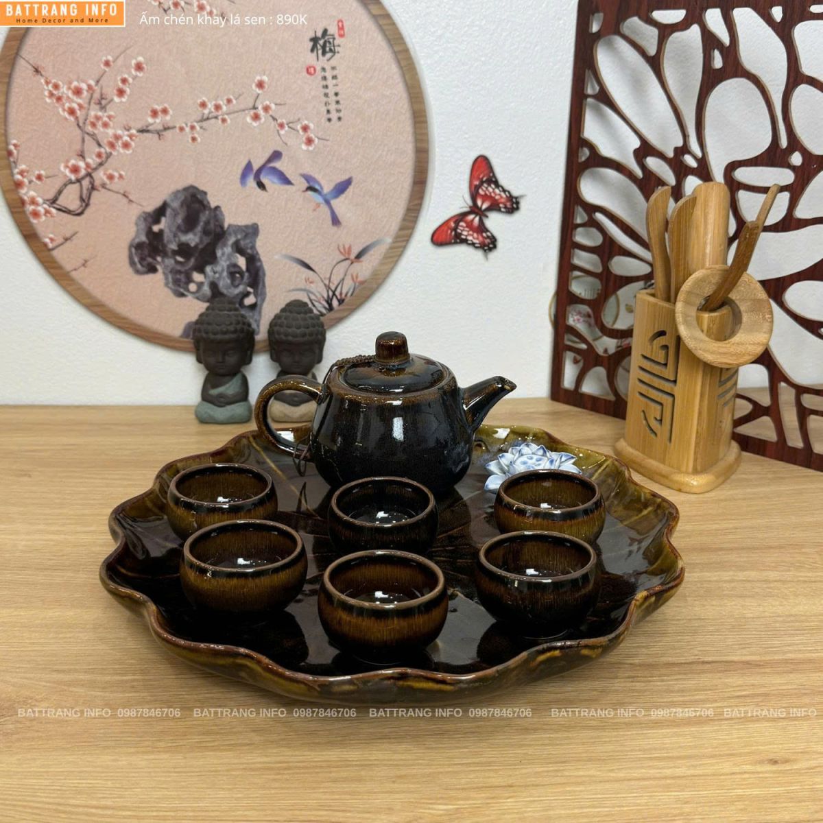 Bộ ấm chén men hoả biến khay lá sen cao cấp Bát Tràng