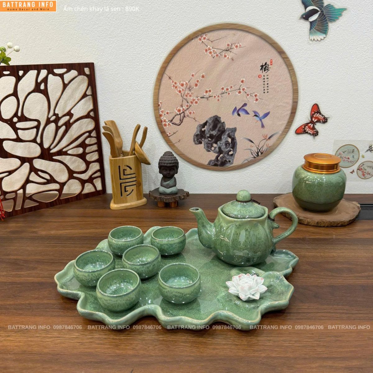 Bộ ấm chén men hoả biến khay lá sen cao cấp Bát Tràng