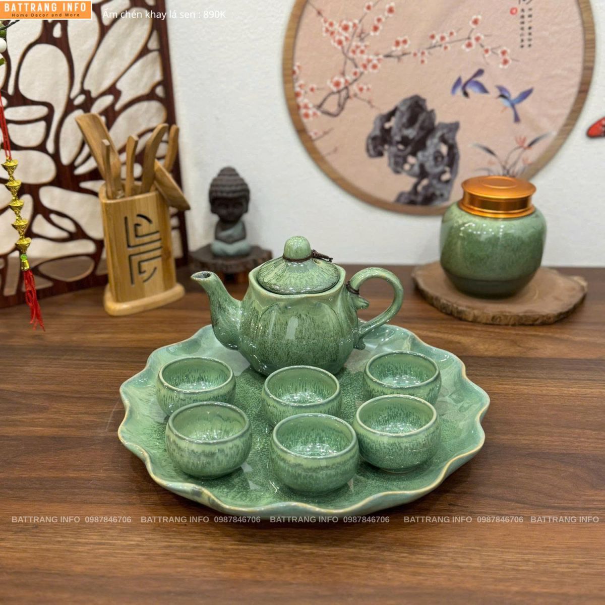 Bộ ấm chén men hoả biến khay lá sen cao cấp Bát Tràng