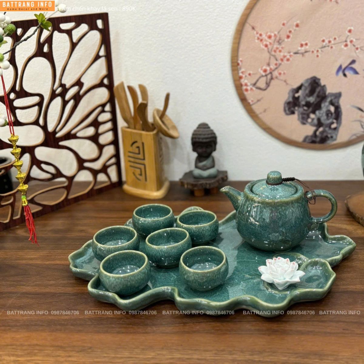Bộ ấm chén men hoả biến khay lá sen cao cấp Bát Tràng
