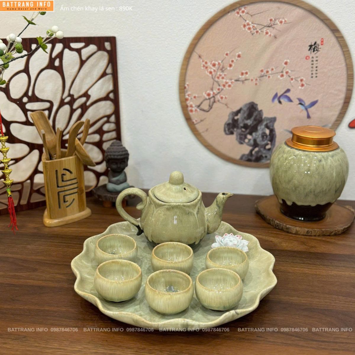 Bộ ấm chén men hoả biến khay lá sen cao cấp Bát Tràng