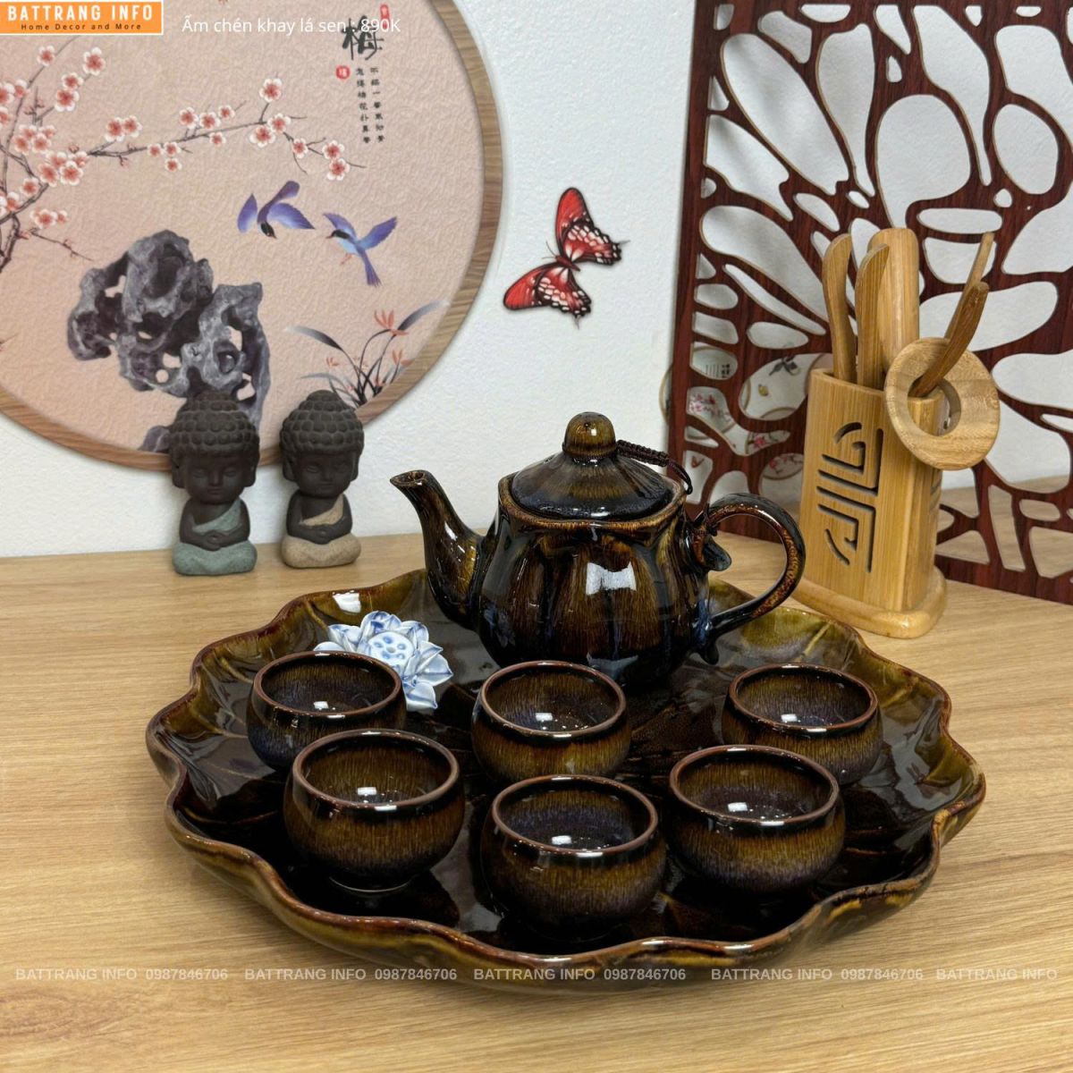Bộ ấm chén men hoả biến khay lá sen cao cấp Bát Tràng