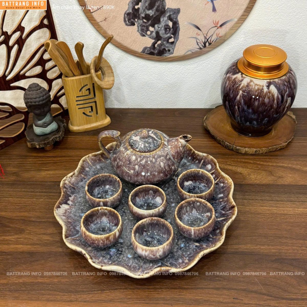 Bộ ấm chén men hoả biến khay lá sen cao cấp Bát Tràng - Sự kết hợp hoàn hảo giữa nghệ thuật và tinh tế